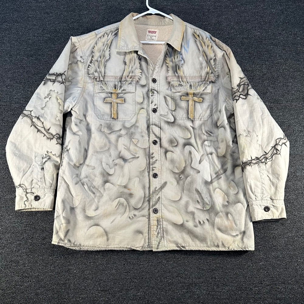 Levis Field Jacket Mens XL Khaki Y2K Custom Airbrushed Jesus Cross Sherpa Lined